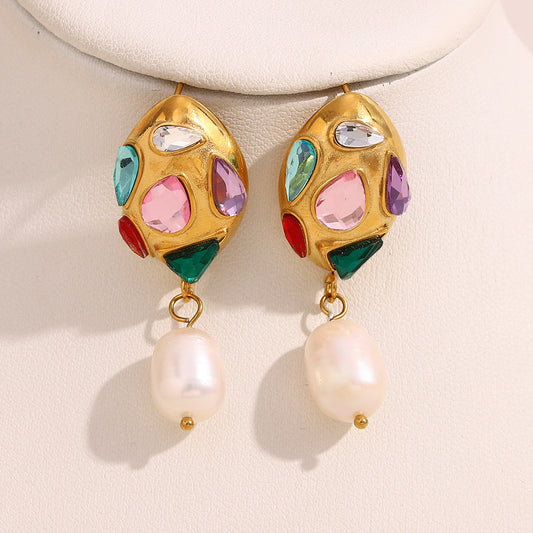 Fashionable Minimalist Geometric Stainless Steel 18K Gold Plated CZ Pearl Stud Earrings for Women