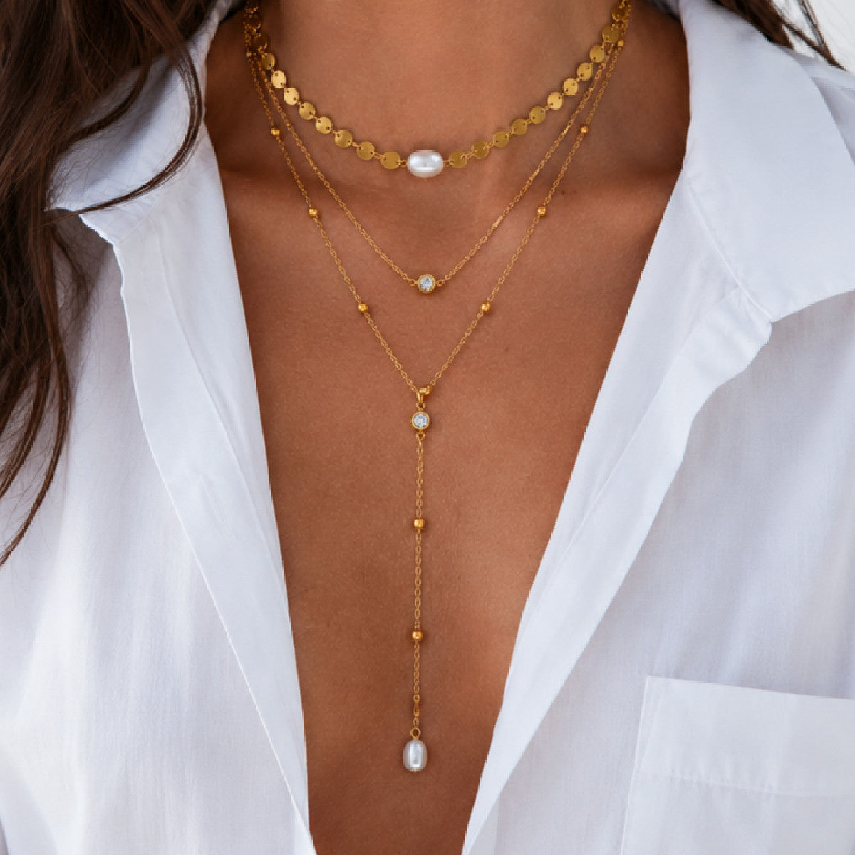 Minimalist PVD Coated Stainless Steel Y-Shape Necklace with Faux Pearl Pendant and Cubic Zirconia Inlay
