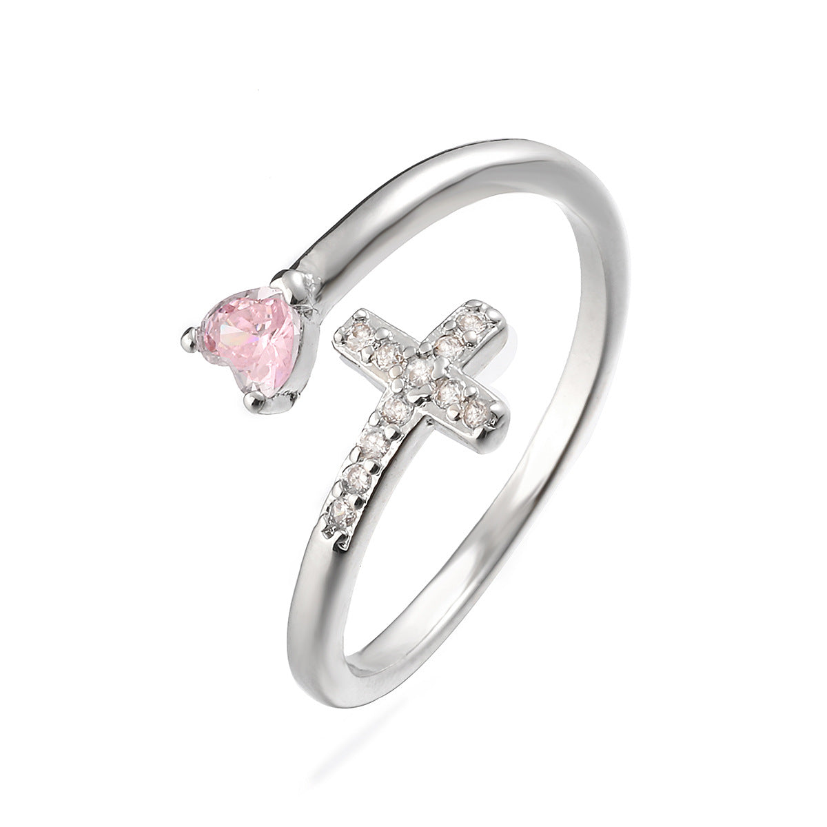 Minimalist 18K Gold Plated Brass Micro-inlay Cubic Zirconia Heart Cross Geometric Open Ring for Women