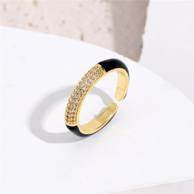Geometric Micro-pave Cubic Zirconia and Drip Oil Brass Ring for Women