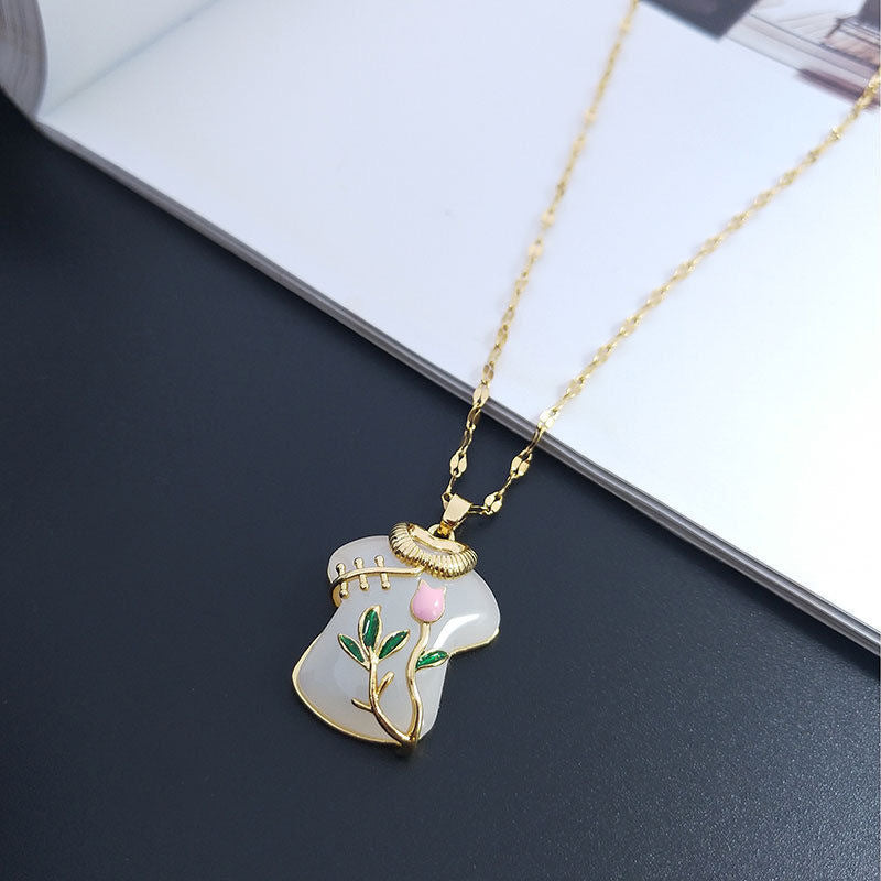 Minimalist Tulip-Shaped Titanium Steel Pendant Necklace with Gold-Plated Alloy Inlay for Women
