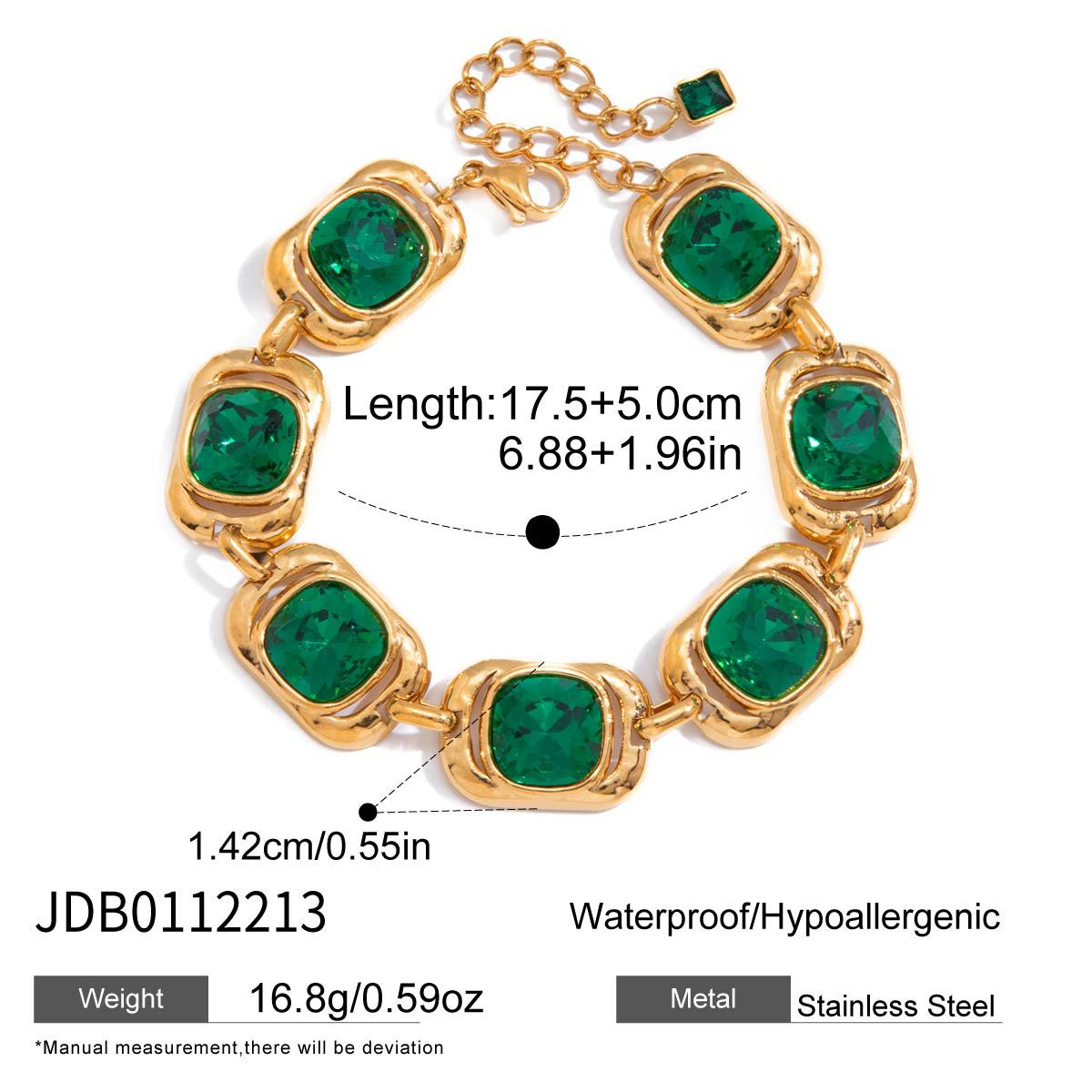 Minimalist Green Glass Square Geometric Titanium Steel Plated Necklace Bracelet Earrings Set for Women