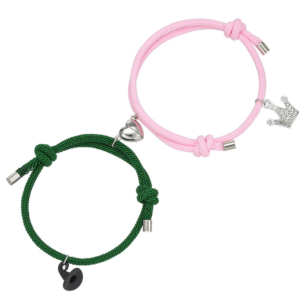 Streetwear Rhinestone Inlay Crown and Witch Hat Charm Bracelet for Couples