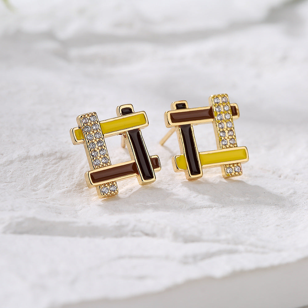 Minimalist Geometric Copper Earrings with 18K Gold Plating and Enamel Finish for Women