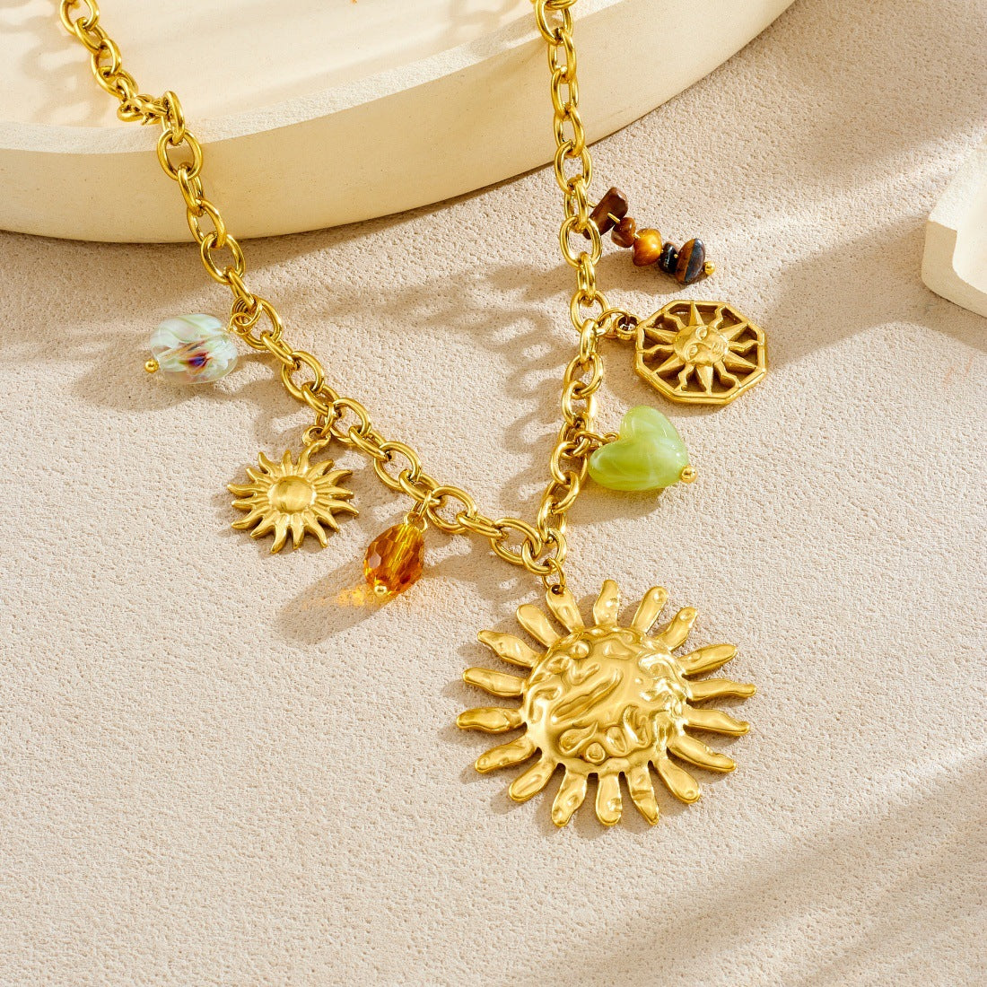 Fashion Elegant Floral Heart Geometric Stainless Steel Plated Pendant Necklace and Bracelet Set with Beaded Sunflower Design for Women