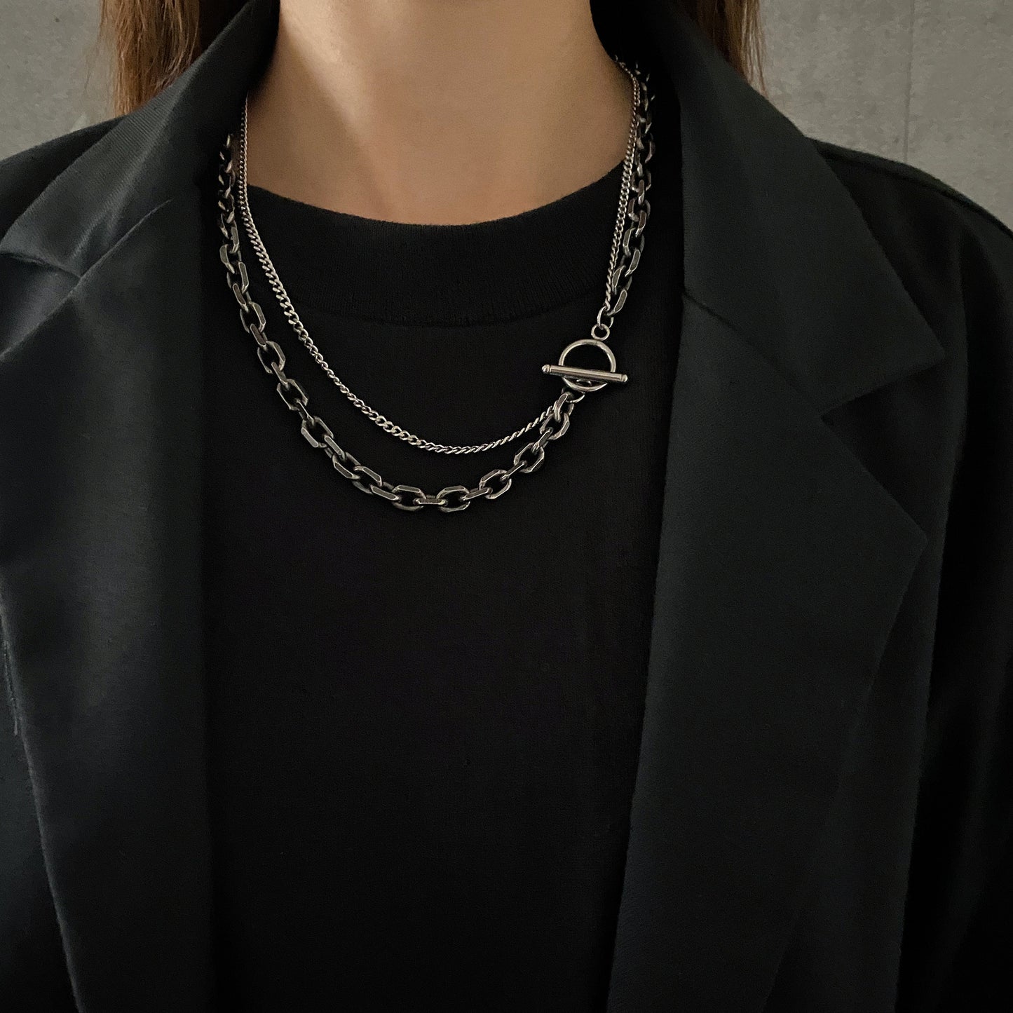 Collar Minimalista de Doble Capa con Cadena de Serpiente, Geométrico, de Acero de Titanio, Bañado, Unisex