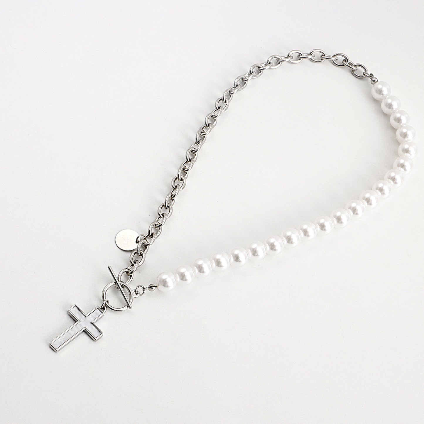 Geometric Cross Pendant Necklace with Mother-of-Pearl Inlay and Gold-Plated Alloy Chain for Women