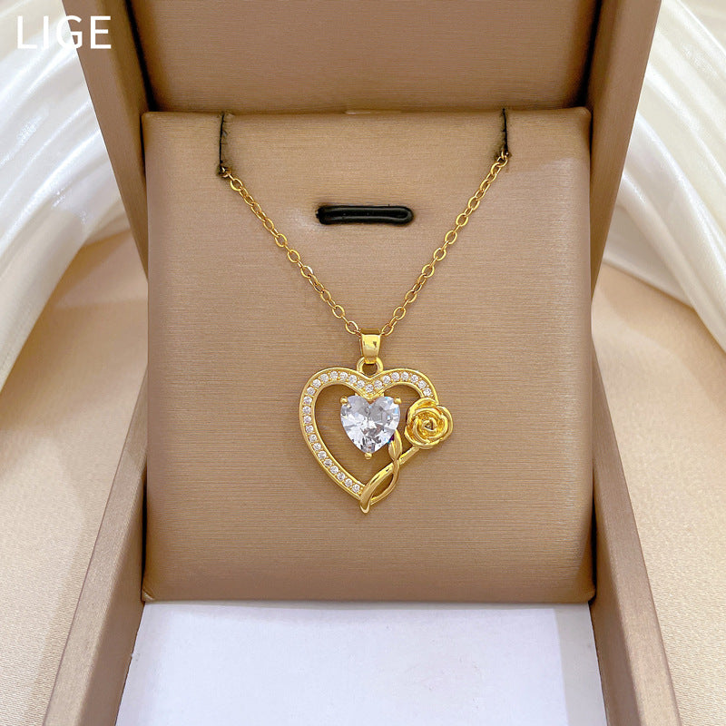 Sweet Minimalist Heart Rose Rhinestone Plated Titanium Steel Necklace Unisex Cable Chain