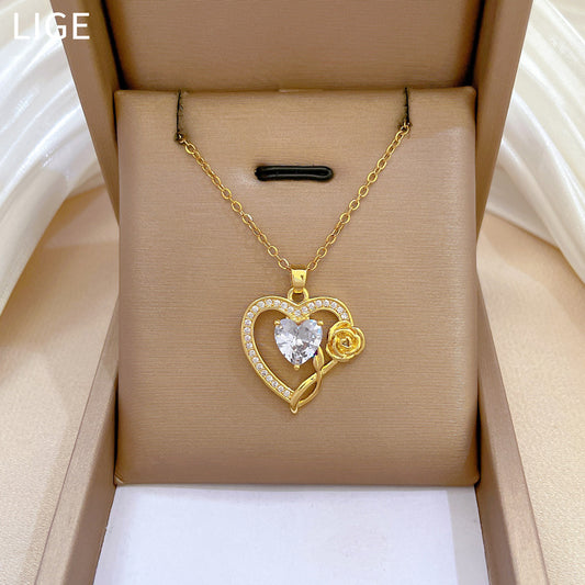 Sweet Minimalist Heart Rose Rhinestone Plated Titanium Steel Necklace Unisex Cable Chain