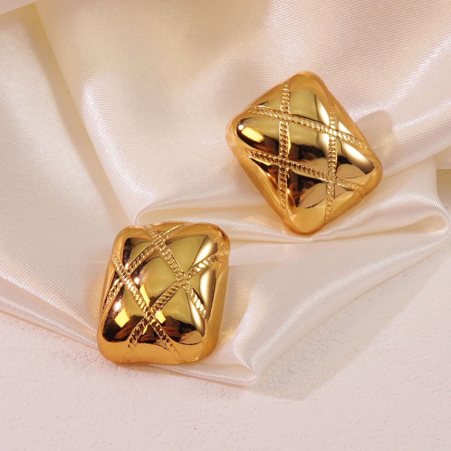 Casual Geometric Square Stainless Steel Stud Earrings with Striped Design for Women