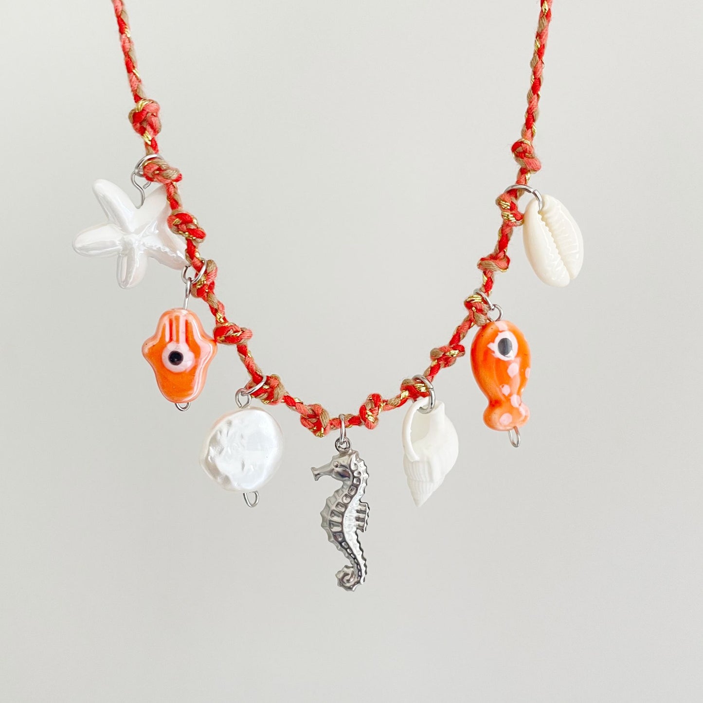 Fresh and Sweet Starfish Pearl Heart Pendant Necklace in Stainless Steel with Plated Finish on Adjustable Cord