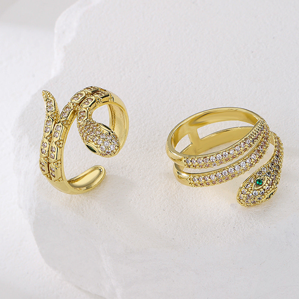 Fashionable Snake-Shaped Geometric Ring for Women Made of Brass with Real Gold Plating and Micro-Pavé Zirconia