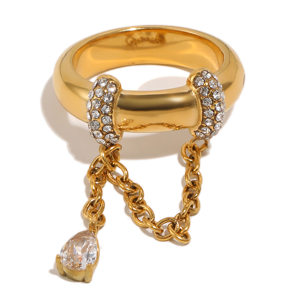 Minimalist Luxury 18K Gold Plated Stainless Steel Geometric Teardrop Ring with Cubic Zirconia and Tassel Chain for Women
