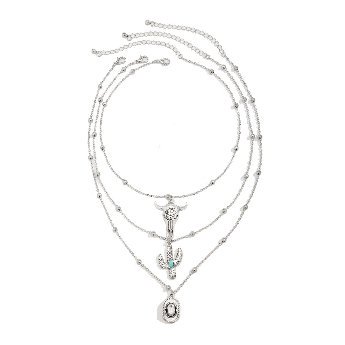 Bohemian Geometric Zinc Alloy Plated Ball Chain Necklace with Tassel and Cactus Pendant for Women