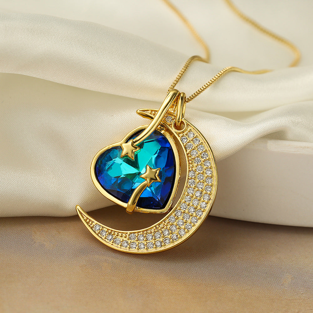 Geometric Moon and Star Pendant Necklace for Women with Copper Base Plated in 18K Gold and Zircon Inlay