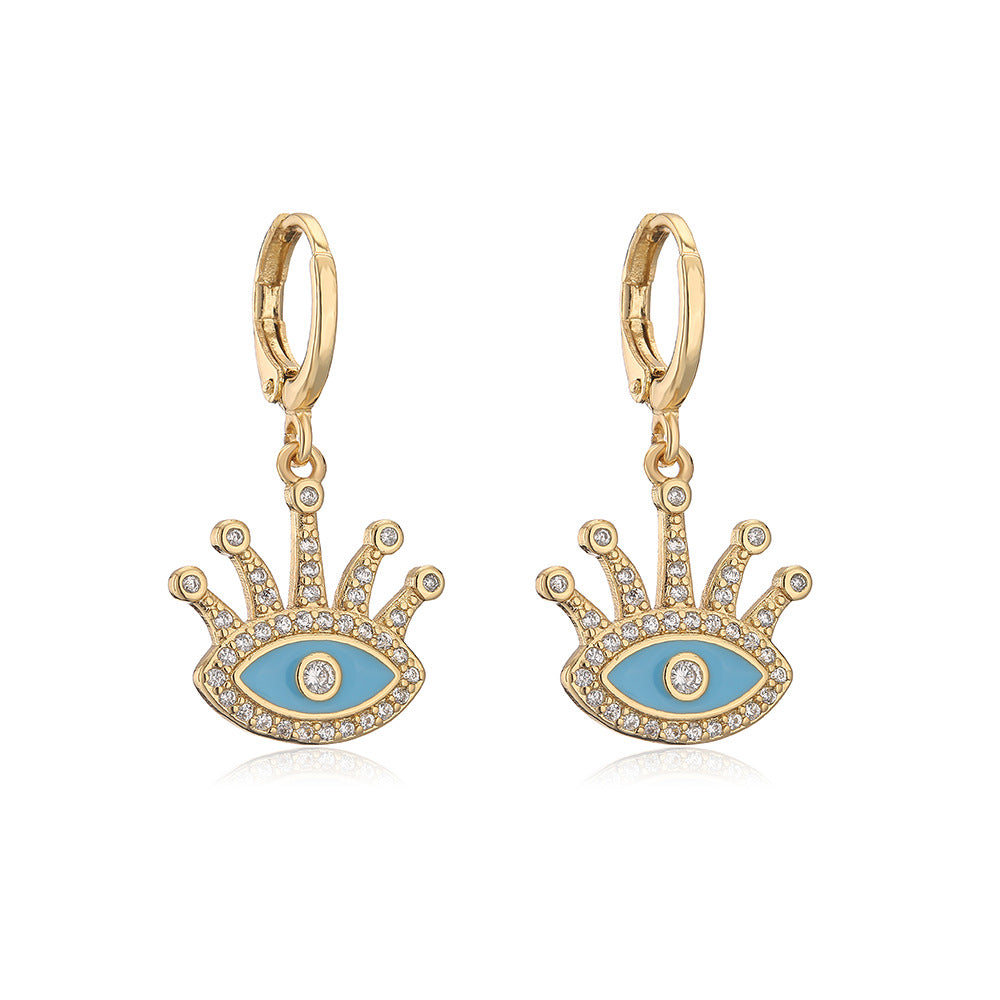 Orecchini da donna geometrici in rame creativo con placcatura in oro vero e dettagli a occhio in zirconia smaltata