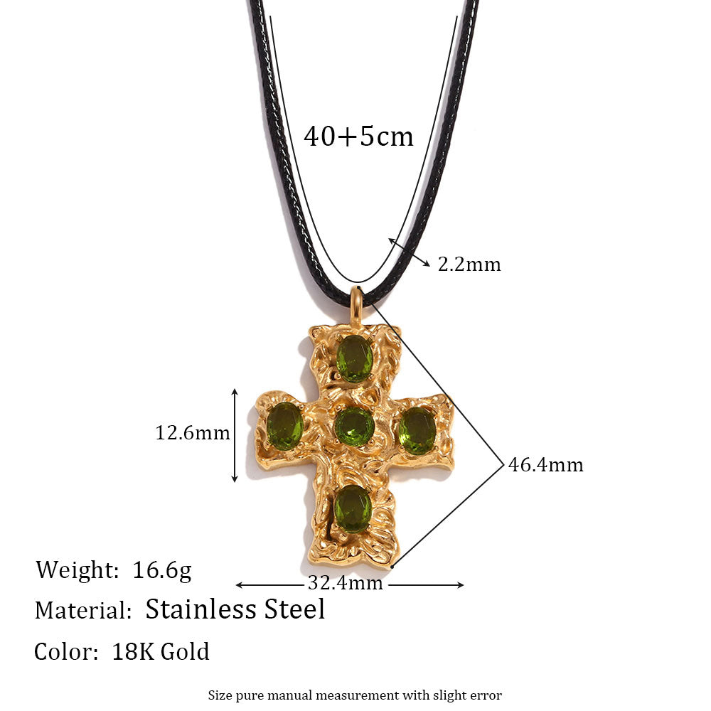 Vintage-Inspired Geometric Cross Pendant Necklace for Women Stainless Steel with 18K Gold Plating Hammered Texture Black Cord and Green Rhinestone Accents