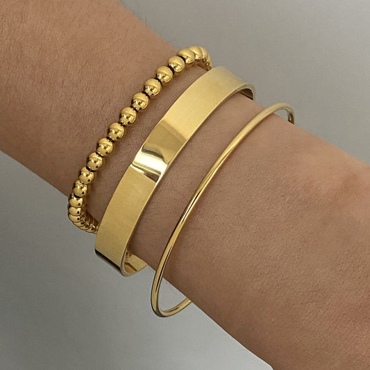 Minimalist Geometric Stainless Steel Beaded Bracelet with 18K Gold Plated Titanium Steel Adjustable Cuff