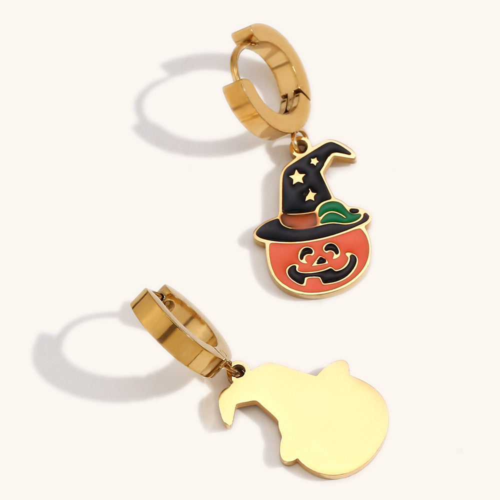 Orecchini a forma di teschio di zucca carini per Halloween in acciaio inossidabile con placcatura in oro 18 carati, design geometrico, stile ufficio alla moda