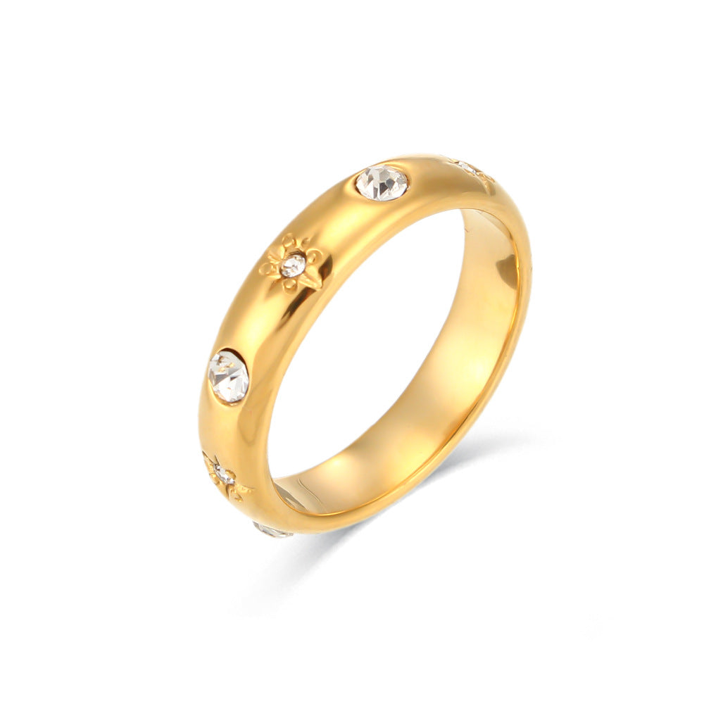 Minimalist Geometric Stainless Steel Ring with 18K Gold Plating and Clear Zirconia Floral Accent for Women