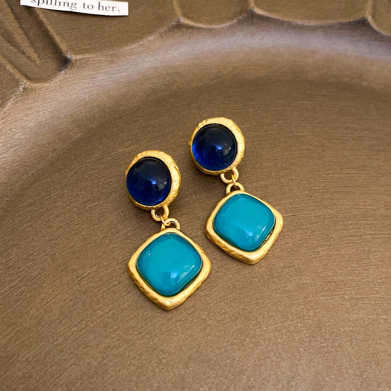Pendientes de Ángel Retro Artísticos Ovalados con Incrustaciones de Pedrería para Mujer con Base de Cobre y Diseño Geométrico