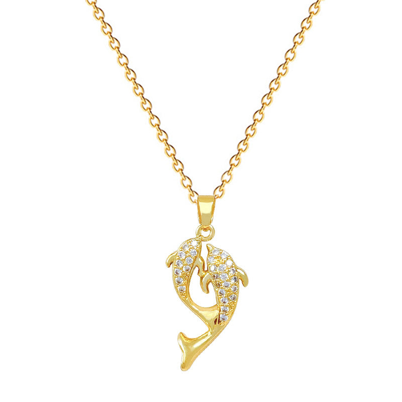Sweet Minimalist Rhinestone Paved Dolphin Titanium Steel Necklace for Unisex