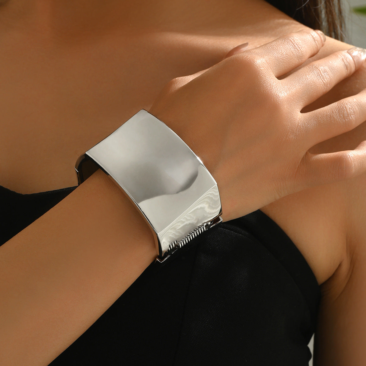 Geometric Wide Cuff Bracelet in Zinc Alloy with Polished Finish and Twisted Metal Design for Women