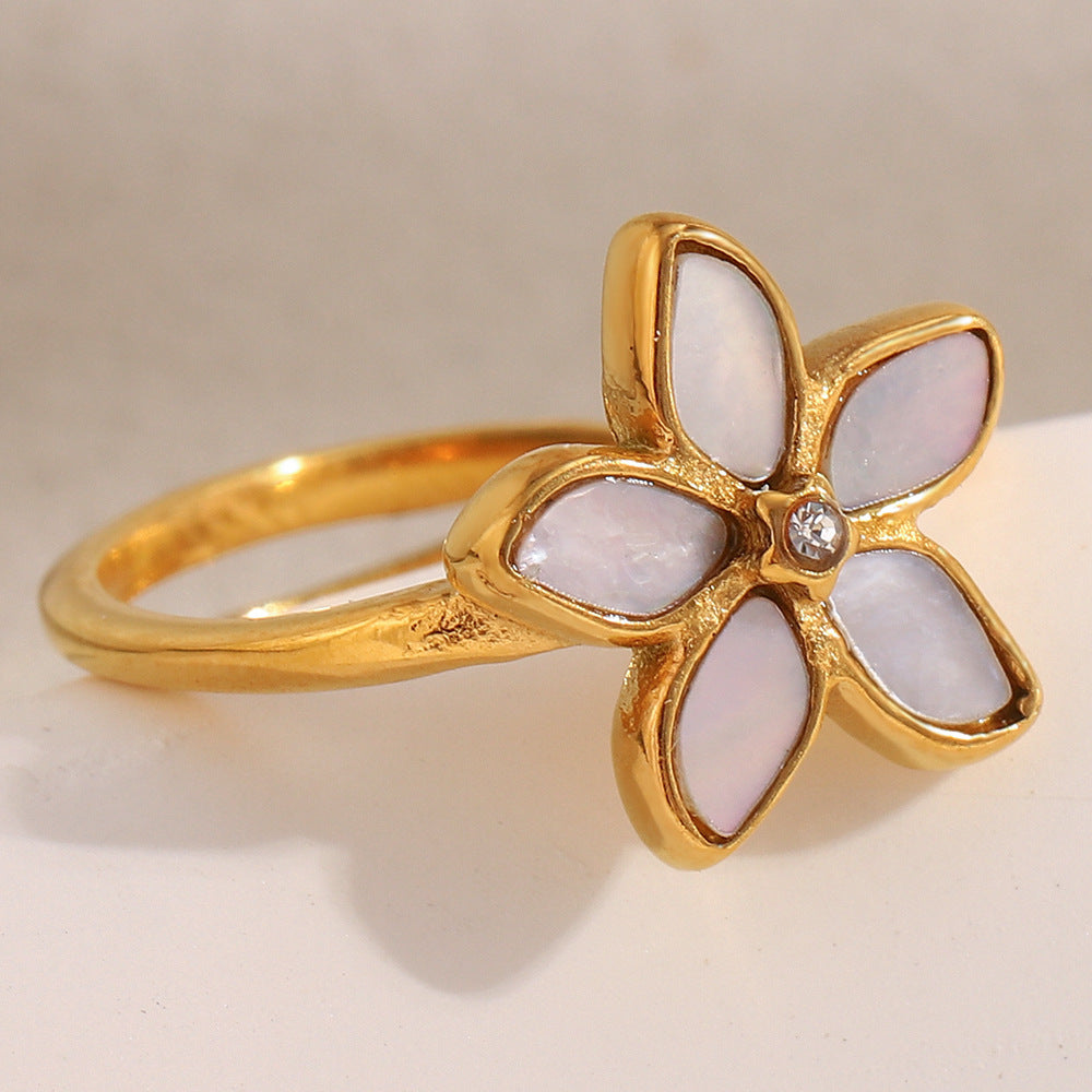 Anello da donna aperto minimalista geometrico floreale in acciaio inossidabile placcato oro bianco 18 carati