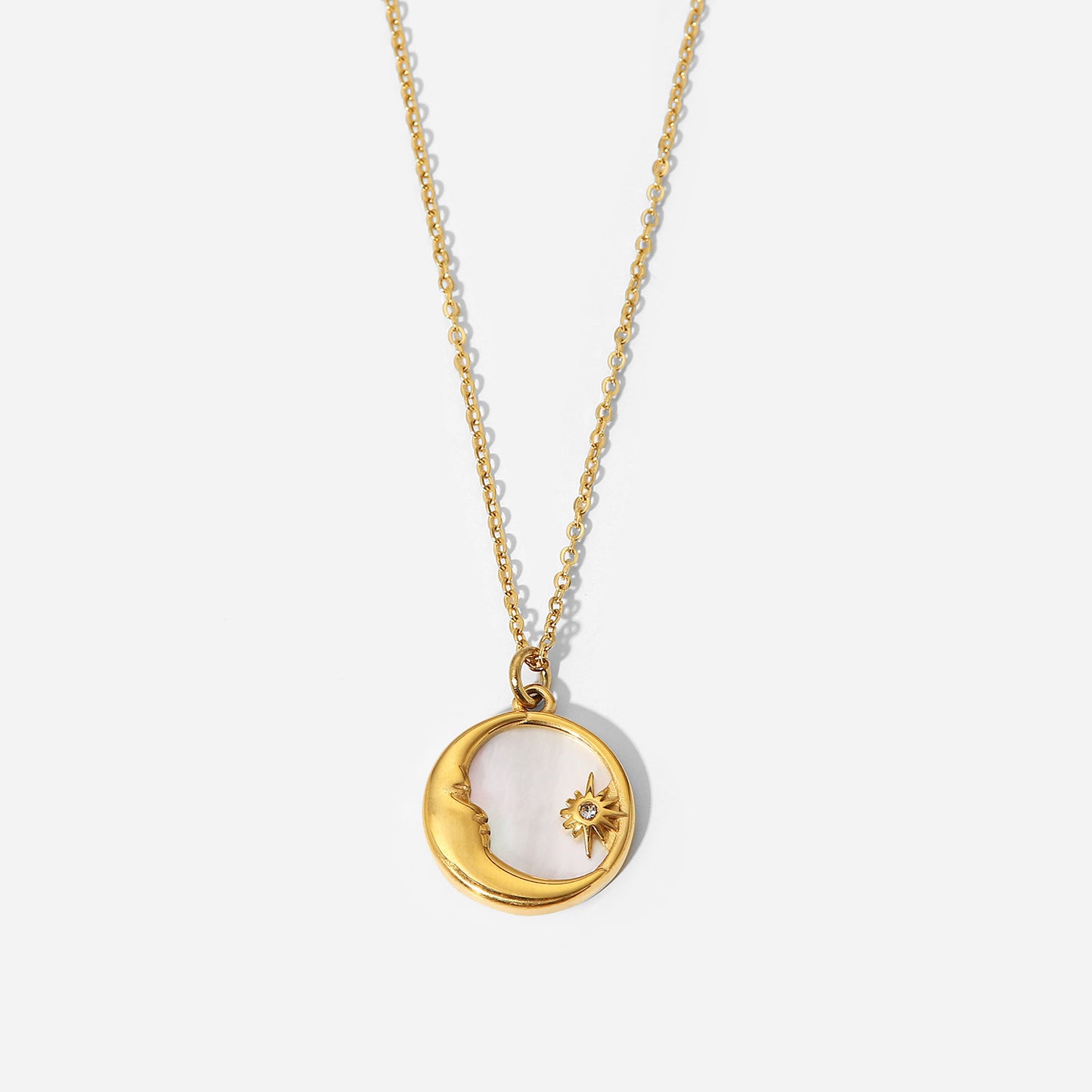 French Style 18K Gold Plated Stainless Steel Necklace with Natural White Shell Star Moon Geometric Pendant