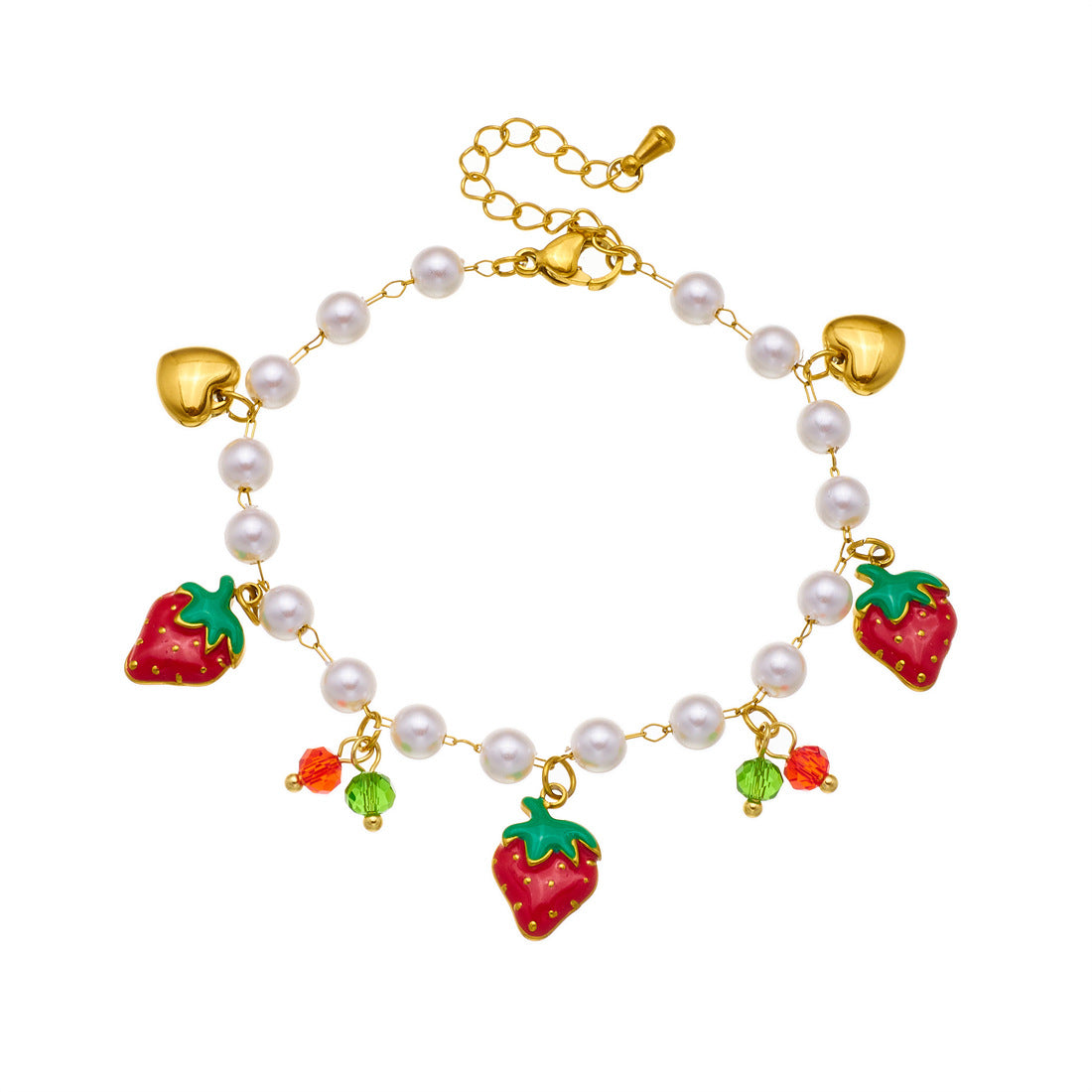 Sweet Gold Plated Drip Oil Fruit Pearl Bracelet with Strawberry Cherry Watermelon Charms