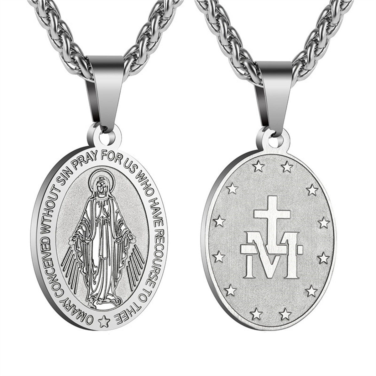 Minimalist Geometric Double-Sided Portrait Medal Pendant Necklace in Stainless Steel with Plated Finish on Snake Chain