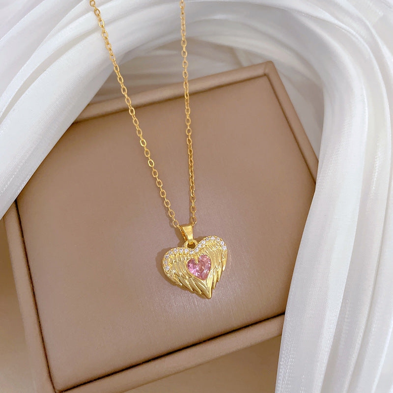 Pink Heart-Shaped Titanium Steel Pendant Necklace with Copper Inlay and Rhinestone Accents, Minimalist Locket Chain for Women and Men