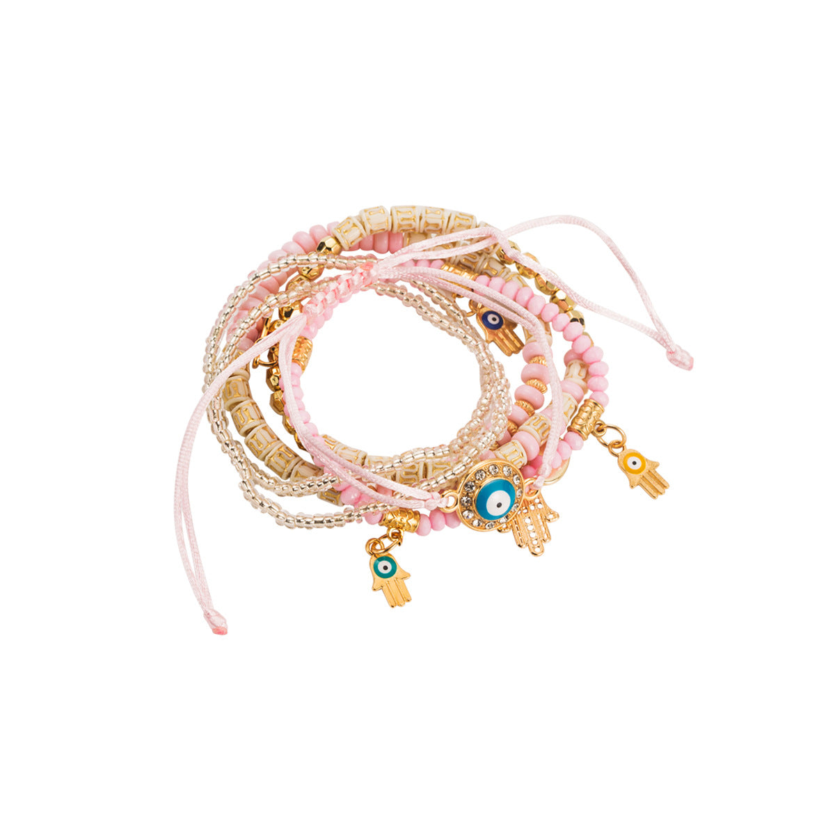 Set di bracciali multistrato esotici con perline infilate a mano, con design a forma di occhio in lega e perline di conteria per donna