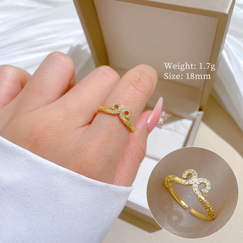 Minimalist Geometric Gold-Plated Brass Open Ring for Women with Crown Shape and Rhinestone Inlay