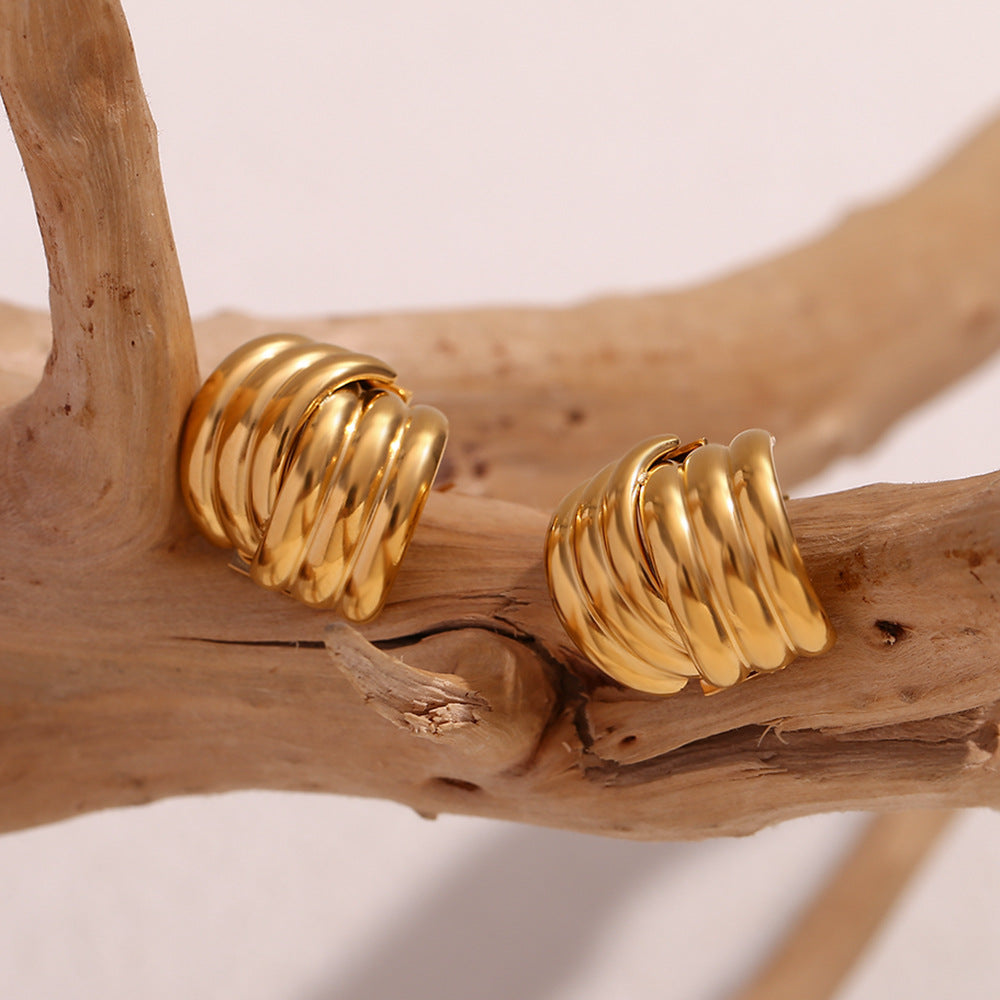 Minimalist Geometric Stainless Steel Ear Studs with 18K Gold Plating Triple Vertical Striped Cross Design for Women