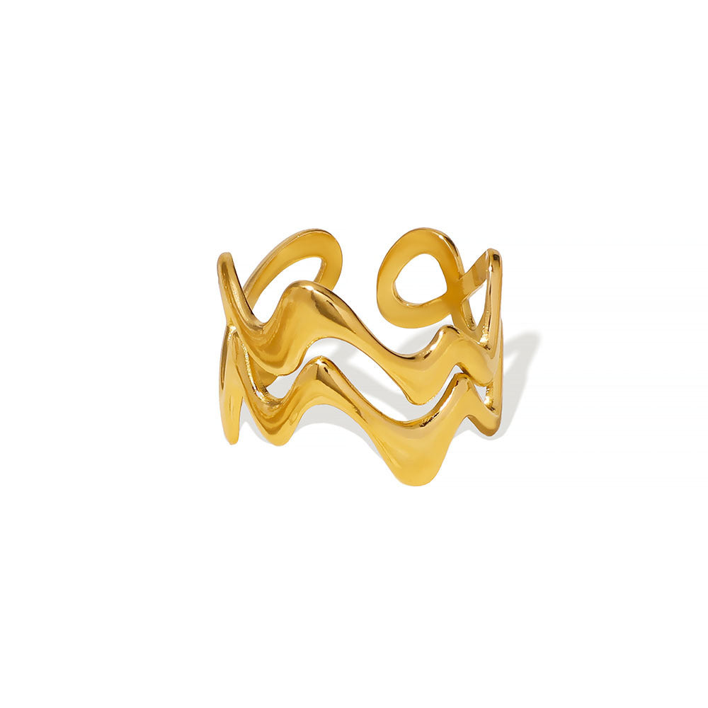 Anello irregolare a doppio strato ondulato geometrico in acciaio inossidabile con finitura placcata per gioielli di moda unisex