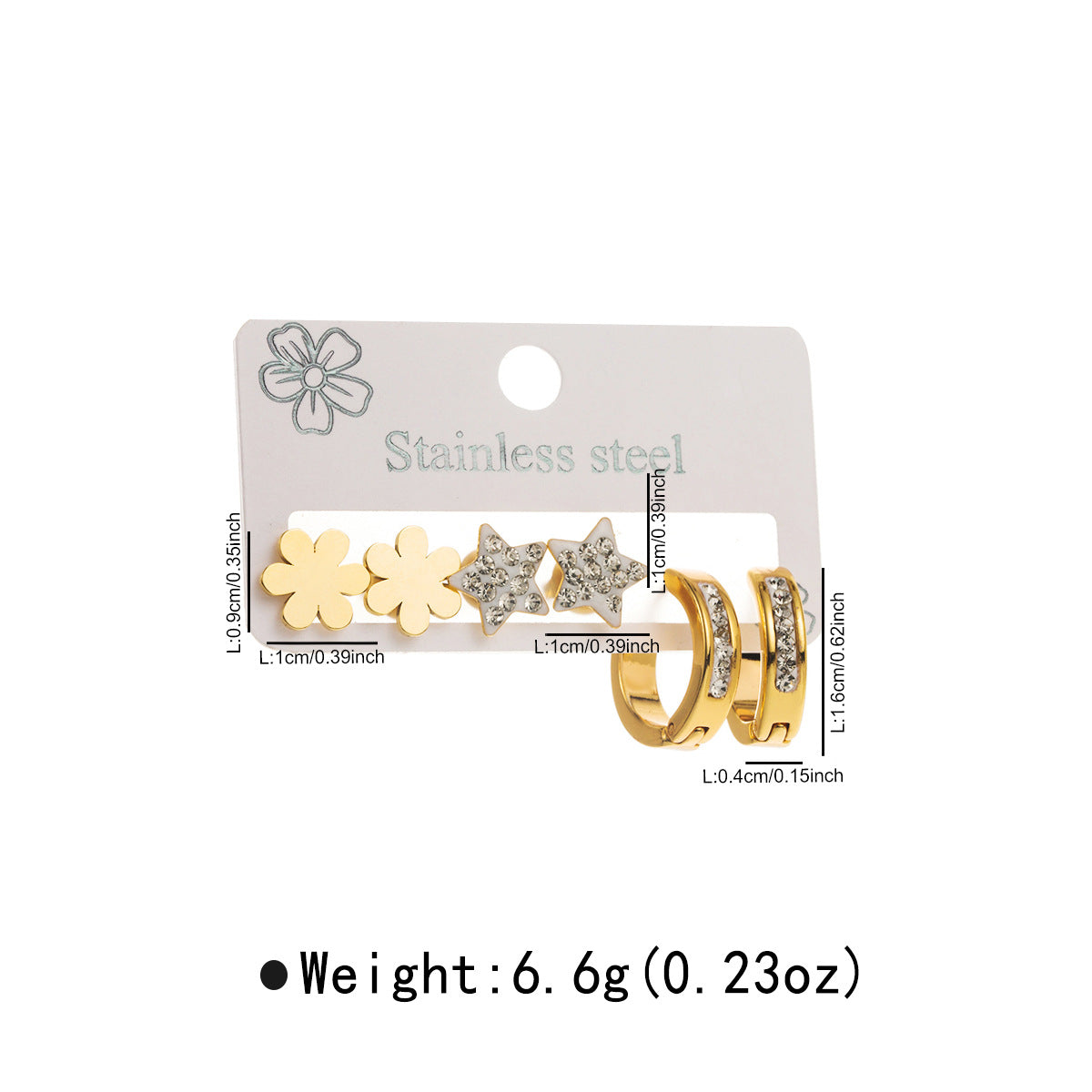 Eleganti orecchini geometrici a forma di stella in acciaio inossidabile con intarsi di strass e placcatura in oro da donna