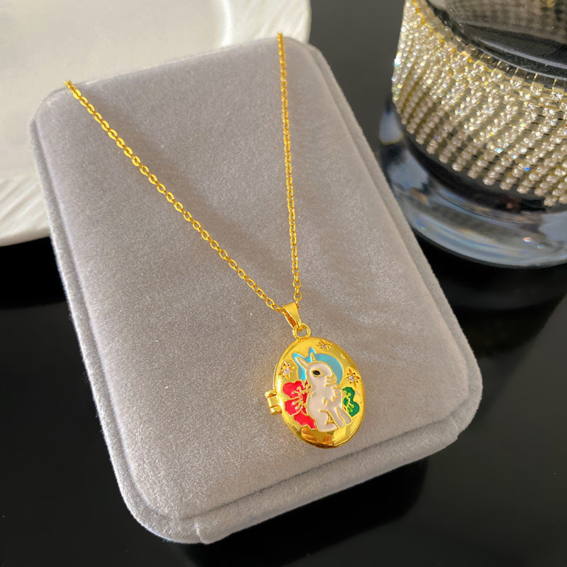 Vintage Enamel Drip Oil Oval Heart Brass Pendant Titanium Steel Necklace Cable Chain