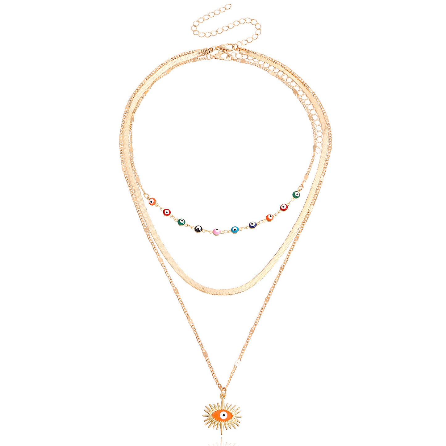 Geometric Demon Eye Pendant Necklace for Women Alloy Plated Multi-Layer Clavicle Chain