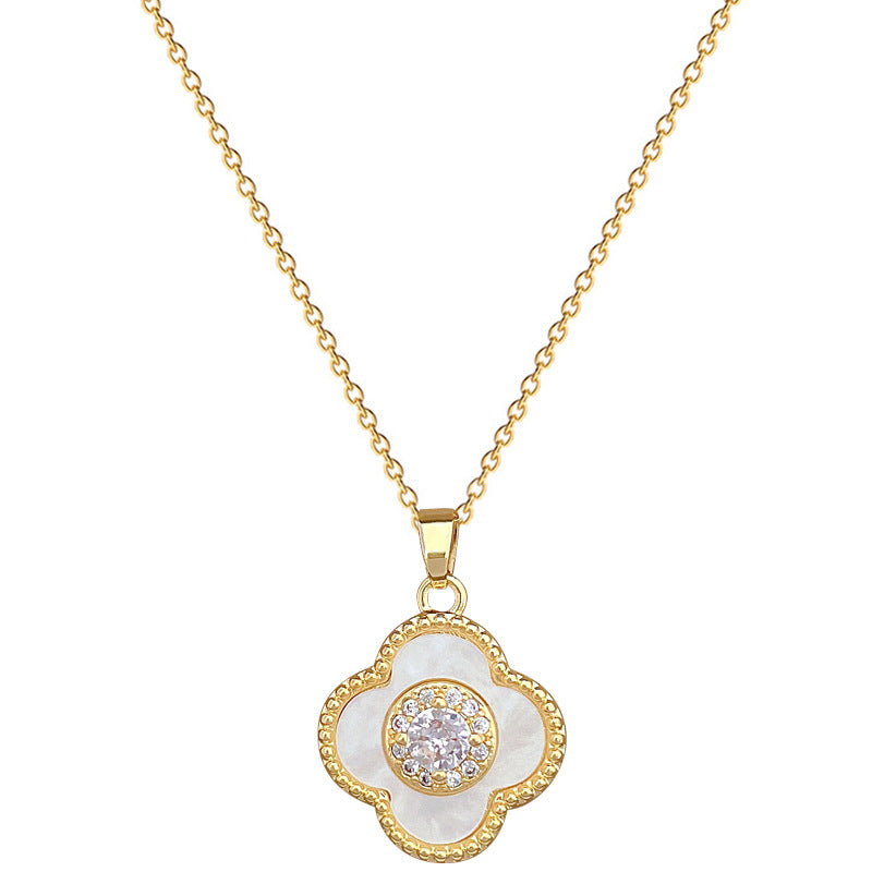Luxury Plated Titanium Steel Geometric Four-Leaf Clover Shell Necklace and Earrings Set for Women