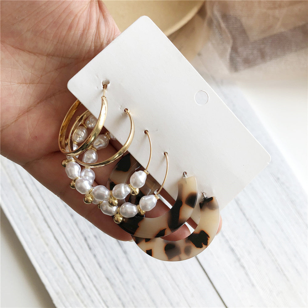 Geometric Leopard Print Acrylic and Alloy C-Shaped Hoop Earrings Set for Women