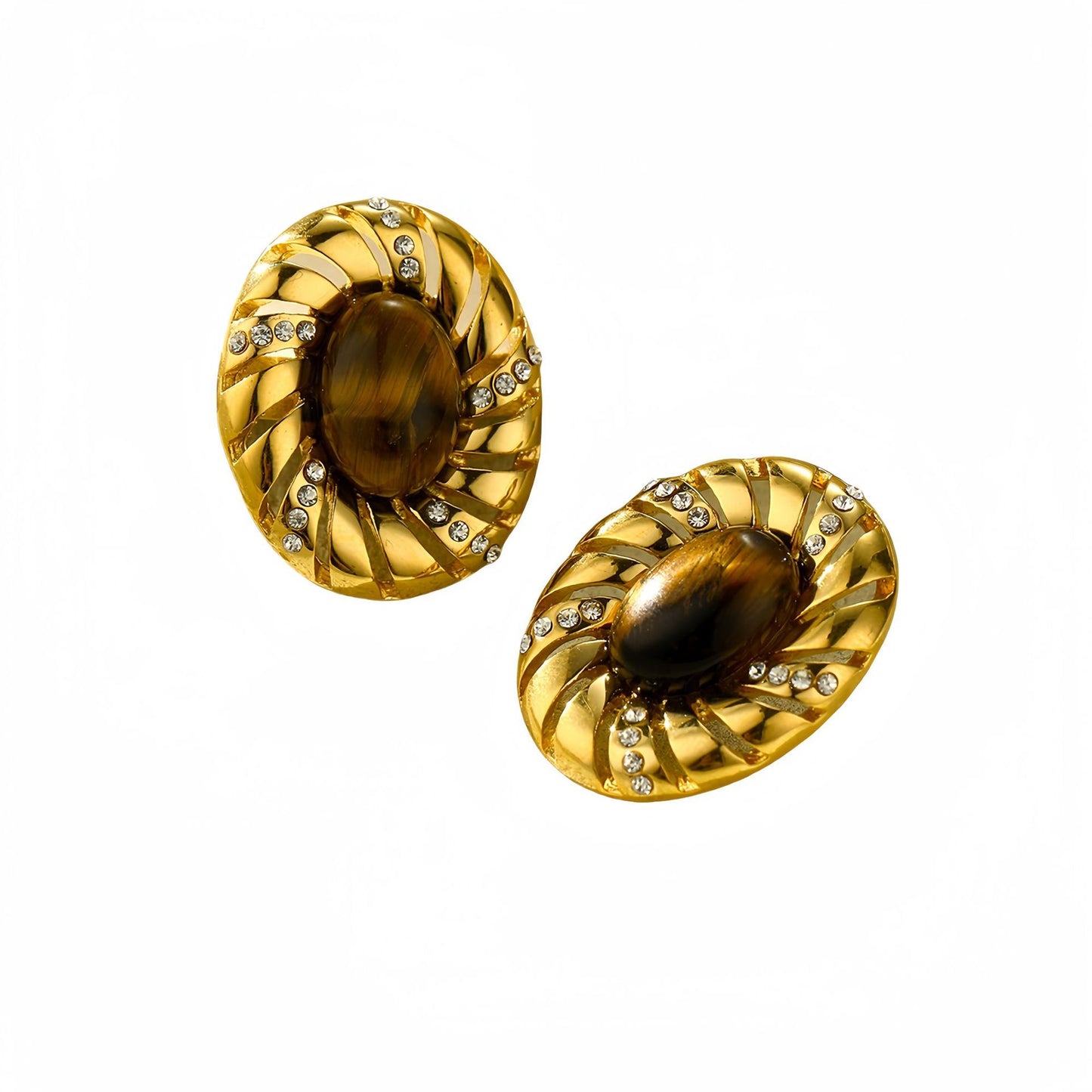 Fashionable Oval Tiger Eye Rhinestone-Set Titanium Steel Earrings for Women with Plated Finish and Geometric Design