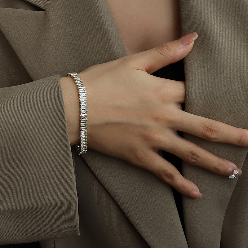 Minimalist Geometric Stainless Steel Plated Bracelet with Full Zirconia for Women