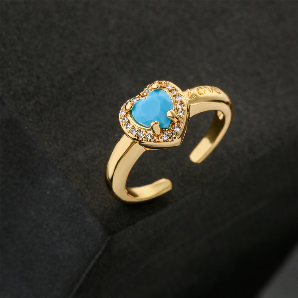 Gold Plated Brass Micro-Inlaid Cubic Zirconia Heart Geometric Ring for Women