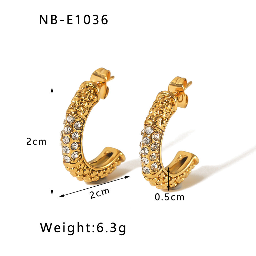 Geometric Stainless Steel Earrings with Zircon Inlay and Vacuum Gold Plating for Women