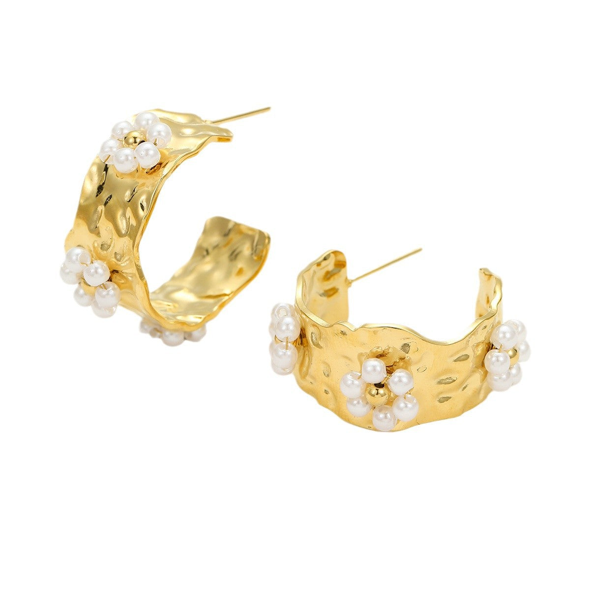 Pendientes de Acero Inoxidable Texturizado en Forma de C Estilo Vintage con Zircón Colorido y Perlas, Bañados en Oro de 18K