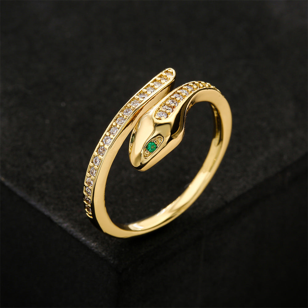 Minimalist Green-Eyed Snake-Shaped Ring for Women in Copper with 18K Gold Plating and Zircon Inlay