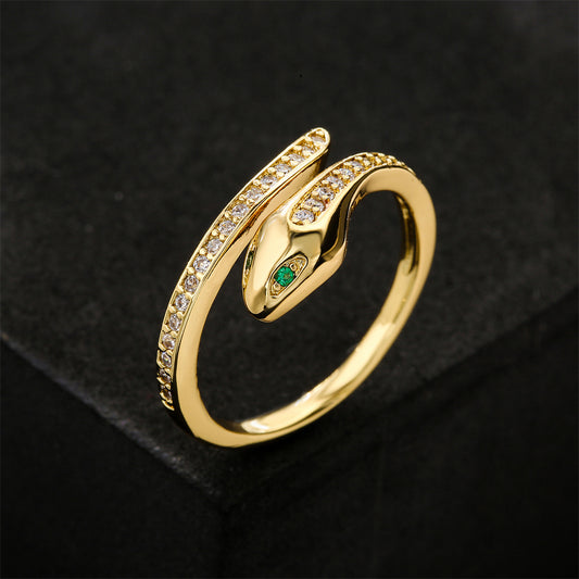 Minimalist Green-Eyed Snake-Shaped Ring for Women in Copper with 18K Gold Plating and Zircon Inlay