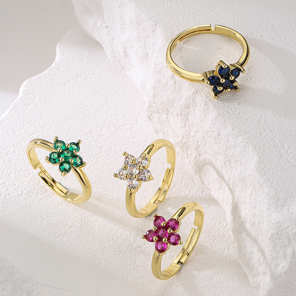 Geometric Floral Open Ring for Women in Copper with 18K Gold Plating and Zircon Inlay
