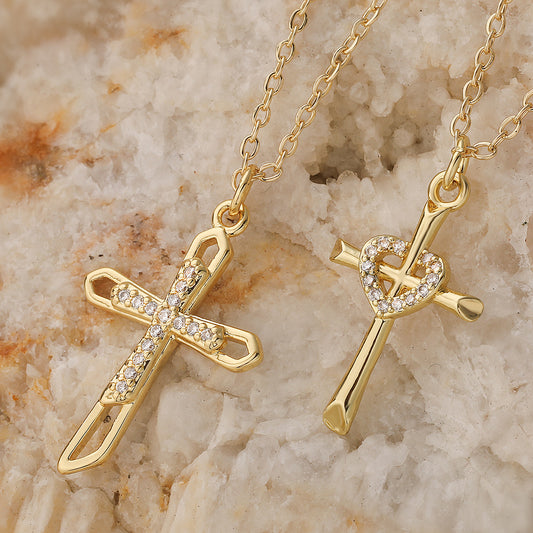Minimalist Gold Plated Brass Cubic Zirconia Cross Pendant Necklace for Women